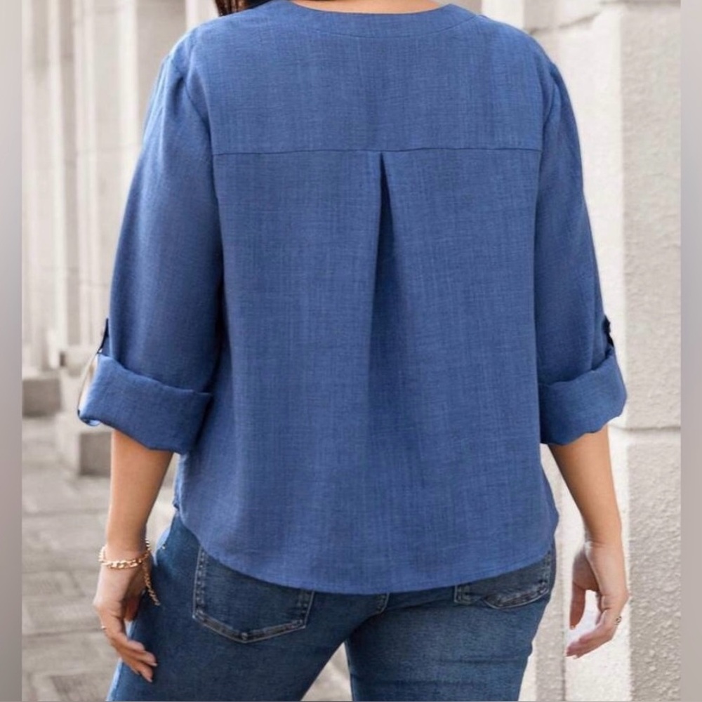 SHEIN Blue V-Neck Button Front Roll-Sleeve Blouse, Size M - Picture 2 of 6